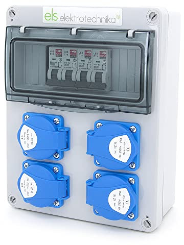 ELS Elektrotechnika Distributore di corrente di fabbrica da parete con spina Schuko, 4 x 230 V + 4 x LS C16, pronto per collegamento, cablato, per officine, stabilimenti, uso interno ed esterno, IP54