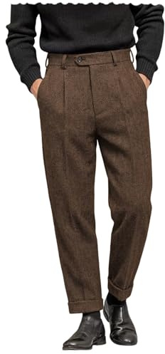 AeoTeokey Men's Suit Pant Herringbone Tweed Dress Vintage Trousers Casual Thick Wool Pleated Front (Brown, 34W x 32L)