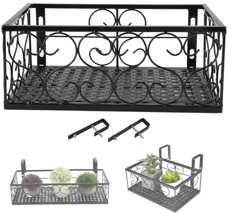 Hapivida Blumentopfhalter Balkon Blumentöpfe zum Hängen für 2,5cm Railing | 30 x 20 x 12 cm Rechteckigen Eisen Schwarzer Blumentopf Halter mit Haken, Geländer Pflanzgefäße Blumentopf für Terrasse