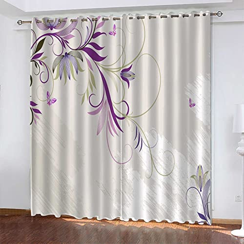 MTBDyyds Lila Modisch Blumig 150X166Cm Verdunkelungsvorhänge 3D Drucken Verdunklungsvorhänge Kinderzimmer 2 Stück Vorhang Blickdicht Ösenschal Kindergardinen Junge Verdunklungsgardine