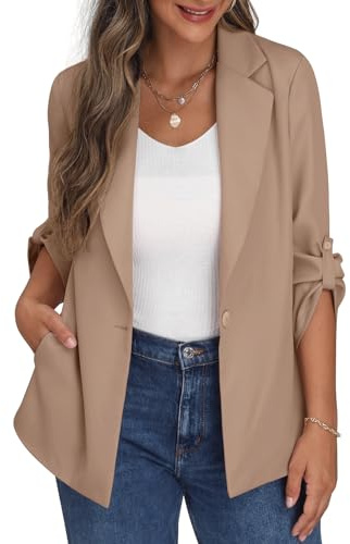 PrinStory Blazer för kvinnor, öppen framsida, kofta, justerbar ärm, kavajjacka med knappar, fickor, Khaki, 46/48 SE
