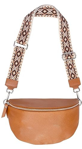 Große Crossbody Gürteltasche aus 100% Leder Umhängetasche Schultertasche mit breitem Gurt - Jaime (Cognac)