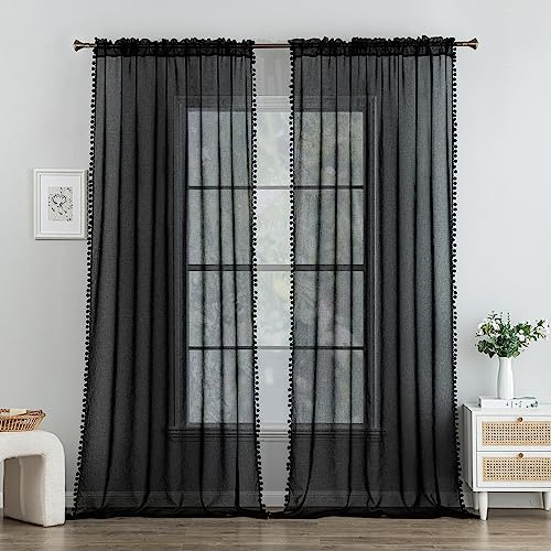 MIULEE Voile Gardine Pompons Stangendurchzug 2er Set B140 H225 Schwarz | Luftige Voile-Gardine mit Pompons und Stangendurchzug, kinderfreundliches Design, dekorativ für, Schlafzimmer und Wohnzimmer