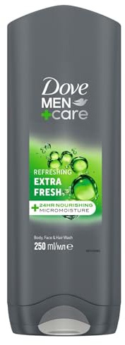 Dove, Doccia Dove Men+Care Extra Fresh, Docciaschiuma Uomo 3 in 1 Idratante Corpo, Viso e Capelli, con Tecnologia MicroMoisture, Dona 24 Ore di Idratazione, 250 ml