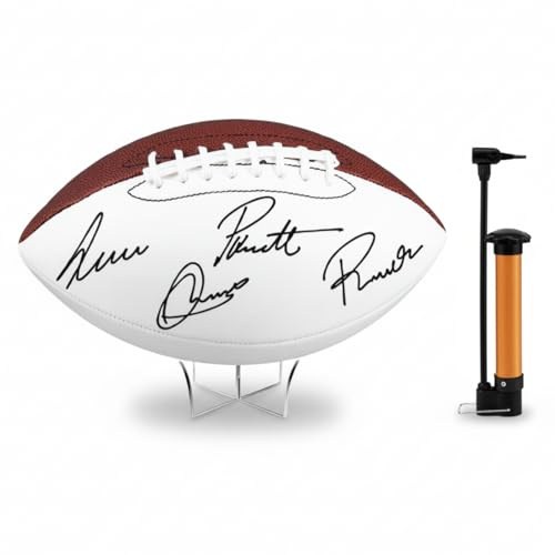 Hiboom Autograph Football with Acrylic Display Stand Air Pump Blank Gold Football for Trophy Anniversary High School College Coaching Gift Award Championship Party(4 Pcs,White, Brown,Size 9)