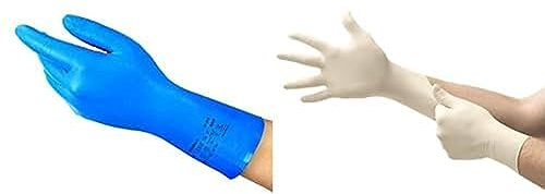 Ansell AlphaTec 37-310 Mehrzweckhandschuhe aus Nitril, Blau, Größe M (12 Paar) + TouchNTuff 69-318 Latex Einweghandschuhe Puderfrei, Professionelle Schutzhandschuhe, Weiß, Größe M (100 Handschuhe)