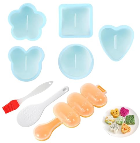 MsTeco Sushi Maker,Onigiri Maker Onigiri Form mit Silikonbürste Sushi Kit 8 teilig/Onigiri Form - 5 Einzigartige Formen, für Küche, Camping, Picknick usw | Inkl Reislöffel