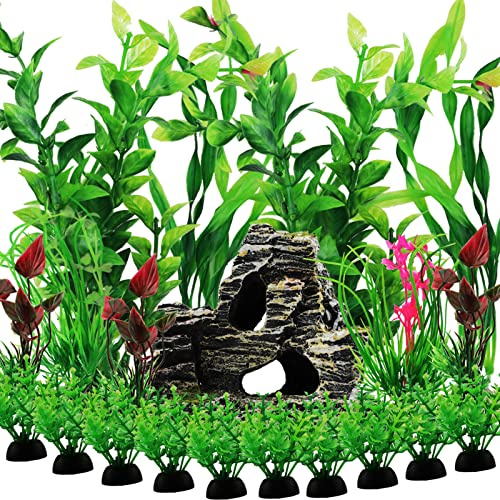 QUOZUO Accesorios para peceras, decoración de acuario, 20 piezas de decoración de pecera verde, plantas de plástico y decoración de roca de cueva, plantas de decoración de acuario