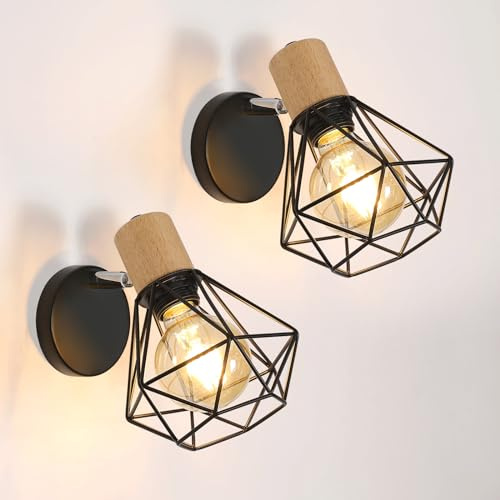 Comely 2 Stücke Wandleuchte Innen Vintage, E27 Wandlampe Schwarz für Innen | Industrial Wandstrahler Schwenkbar aus Metall und Holz für Wohnzimmer Treppenhaus Flur Cafe Bar Restaurant Hotel