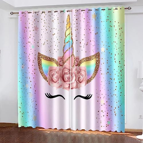 3D Vorhänge Blickdicht Gardinenregenbogen-Einhorn 183 X 214 cm Vorhänge Kinderzimmer Wohnzimmer Thermo Gardinen Für Raum Verdunkeln Ösenvorhang. 2Er/Set Verdunklungsgardine -3V5R-X7