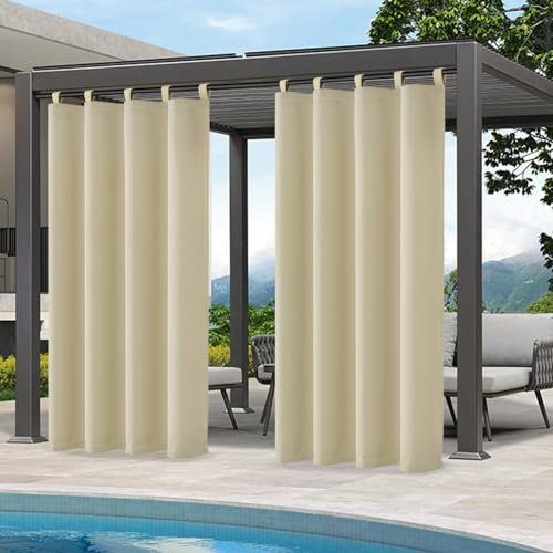 Qelus Outdoor Vorhang Wetterfest, Sonnenschutz mit Klettverschluss B132xH274cm, Outdoorvorhänge Wasserdicht für Balkon Sichtschutz Pavillon Pergola Terrasse Garten (Hellbeige, 1Stück)