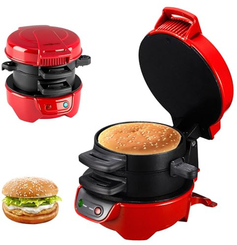 Appareils à Sandwiches, 600W Burger Maker avec revêtement antiadhésif, Grill Sandwich/Hamburger Avec Compte à Rebours Numérique, lavable au lave-vaisselle pour un petit déjeuner rapide (Red)