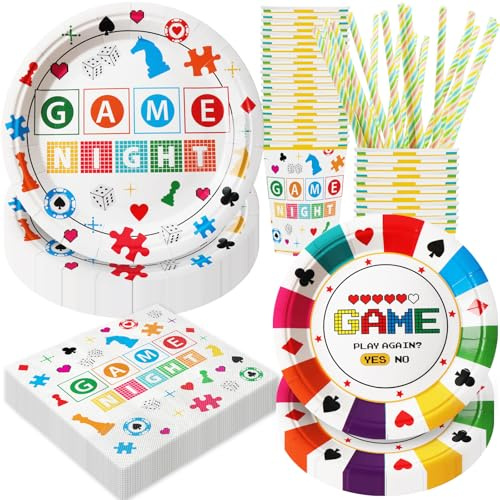 BOIKOKY 120 Pièces Décorations de Fête d'Anniversaire sur le Thème de Soirée de Jeux, Fournitures de Fête sur le Thème de Game Night, Vaisselle Jetable | Pour 24