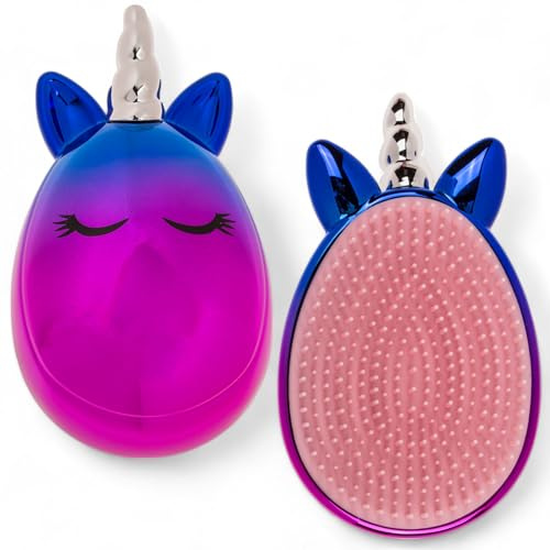 MIJOMA Haarbürste Einhorn zum Entwirren & Entknoten für jeden Haartyp, Kopfhaut-Massage, Hair Brush To-Go, 11,5 x 6,5 cm, glänzendes Einhorn-Design, nasses & trockenes Haar (Blau/Pink)