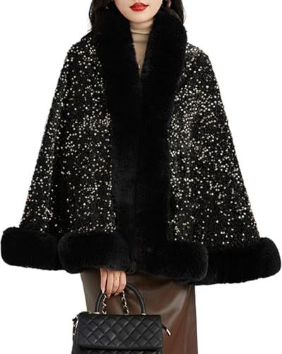 ORANDESIGNE Poncho Paillettes Donna Mantelle Fatti a Maglia Cappotto Mantella Paillettes Scialle con Collo in Pelliccia Sintetica Stola Cardigan per Festa Matrimonio Invernale Sposa A Nero