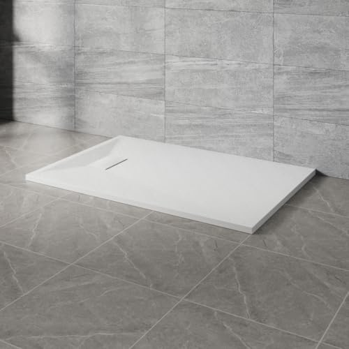 NRG 1400x800mm SMC Rectangle Shower Tray White with Fast Flow Waste | Anti Slip, Bathroom Shower Base Tray, Wet Room Shower Pan, Shower Enclosure Tray, Wetroom Shower Cubicle Base, Slate Effect
