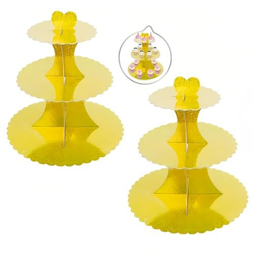 Alzate per Cupcake a 3 Piani, Set da 2 Pezzi, Colore Oro Luccido Supporti per Cupcake, Vetrina per la torta, festa, anniversario