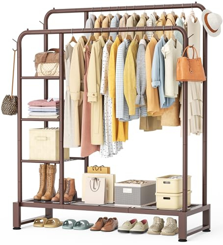 HOMIDEC Clothes Rail,Double Rail Clothes Rack with 4 Storage Shelves | Heavy Duty Metal Clothing Rail Supports to 80kg,Multifunctional Clothes Storage for Bedroom,Office,Shop(Brown)
