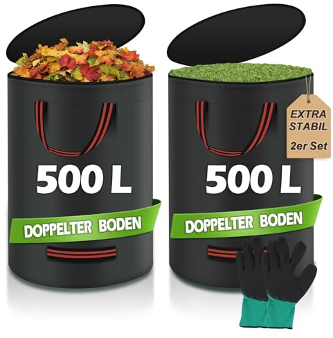 Miaglury 2x500L Gartenabfallsack mit Deckel,Gartensack Groß DOPPELTER BODEN | Gartenabfallsäcke Stabil, Wasserdichter Laubsack mit 4 Griffen und Handschuhen für Laub, Rasenschnitt, Heckenschnitt, Schwarz