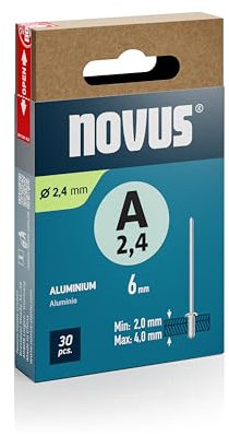Novus Tools Rivetti ciechi in alluminio Ø 2,4 mm, lunghezza 6 mm, 30 rivetti, 2,0 – 4,0 mm di lunghezza, ideali per il fissaggio di metalli non ferrosi, plastica, pelle e tessuti