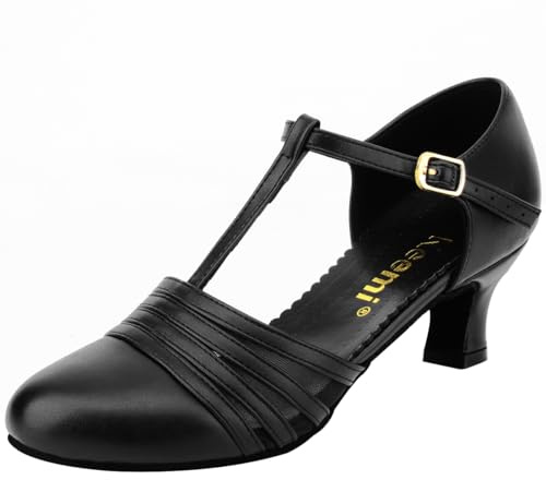 Keemi 1920s Character Shoes for Women,Black Ballroom Dance Shoes Women,T-Strap Leather Non-Slip Women's Salsa Latin Tango Flamenco Dancing Shoe 9.5 M US
