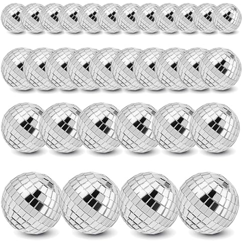 32 Pcs Disco Ball Cake Decorations – Shiny Silver Mini Disco Balls in 4 Sizes for Cake Toppers, Cupcake Decorations, Party Centerpieces, 70s Retro Birthday, Wedding, Christmas, and DIY Crafts