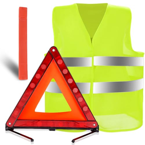 QIMMU Triangolo Auto, Kit Emergenza Auto, Giubbotto Catarifrangente Auto, Triangolo Segnalazione Auto con Scatola Portaoggetti, Gilet Alta visibilità per Automobile Moto Camper