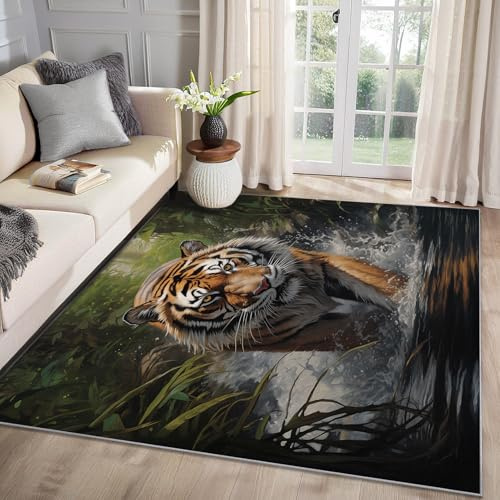 MMYAOKEN Tiger Teppich Wohnzimmer 80x150 Dschungel Tiere Deko, Teppich Kurzflor, Weich rutschfest Waschbare Teppiche, Fußmatte Bettvorleger Schlafzimmer Kinderzimmer