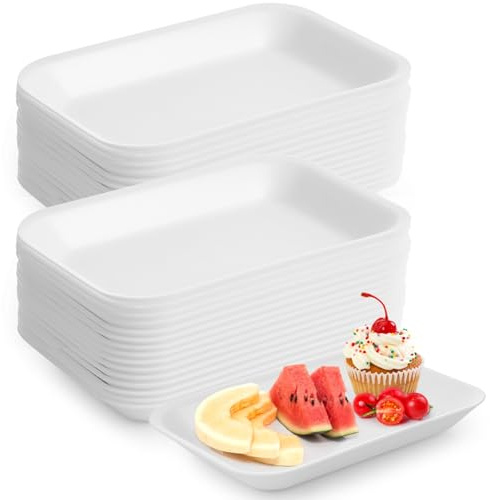 YOFAPA 150 Pcs Crafts Foam Trays, White Foam Disposable Poultry Meat Fruit Trays, BBQ Grill Roast Food Plates, Rectangle DIY Craft Painting Tray for Printmaking DIY Handicraft