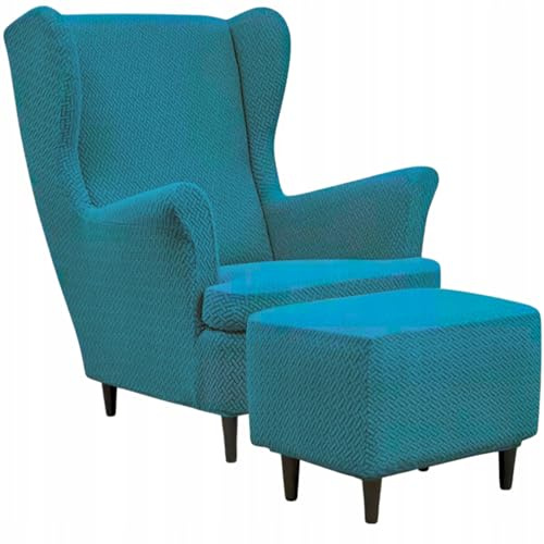 Domidekor Ohrensessel Überzug & Ottoman Schonbezug - Sesselbezug Stretch + Polsterhocker Türkis - Strandmon Sessel Bezug und Hockerbezug - Elastisch Samt Velour Schmutzabweisend - Oeko-Tex 100