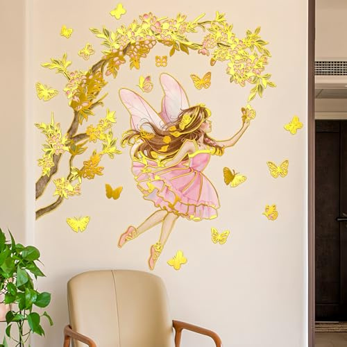 Autocollants muraux Golden Flower Fairy | Décalcomanies murales papillon floral, décoration murale pour chambre de fille, chambre de bébé, chambre d'enfant (Style_B)