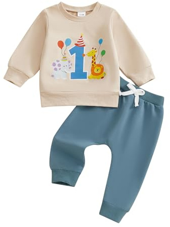 Baby Boy First Birthday Outfits Number Animal Balloon Printed Long Sleeve Pullover Sweatshirt Tops and Elastic Waist Drawstring Pants 2Pcs Set Toddler Boys 1st Birthday Outfit (Beige, 12-18 Months)