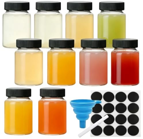 Siocok 10-Pack 100ml Glass Shot Bottles with Lids, Glass Juice Bottles with Wide Mouth, Reusable Clear Mini Containers for Juice, With funnel, sticker, pen, for Juice, Ginger Shots, Milk