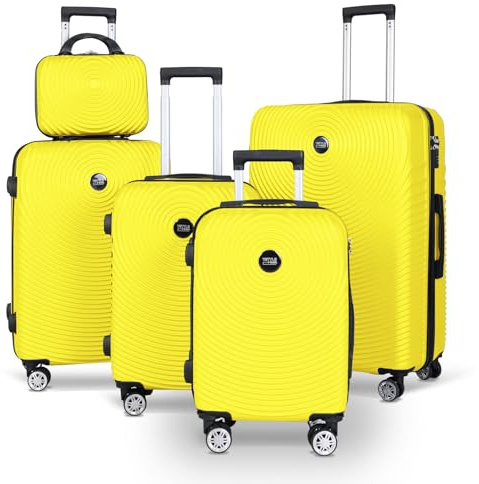 Ystyle Set 5 Valigie Rigide in ABS (51/57/67/77cm) e Beauty Case, Manico Telescopico e Ruote Easy Roll, Lucchetto Serratura a Codice, Trolley Resistenti da Viaggio, con Bagaglio a Mano, Giallo Chiaro
