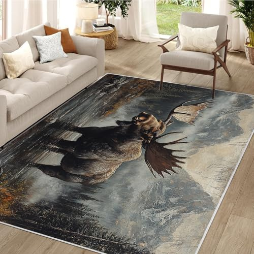 buyluhn Waschbarer Kurzflor-Teppich 120x170 - Elch Wald Wildtiere Teppiche - Landhausstil Outdoor Vintage Dünn Saugfähig Carpet Für Wohnzimmer Schlafzimmer Jugendzimmer Oder Als Bettvorleger QY15