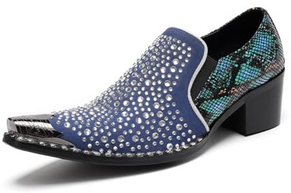 Yhsdfcn Exklusiva Blå Herrskor med Strass - Klackhöjande (+4cm) - Färgglatt Ormskinnsmönster & Metalltå - Bröllop och Scenframträdande,Blue,48 EU