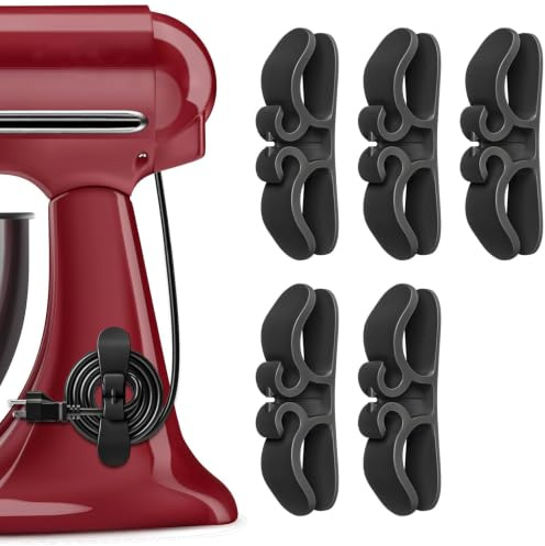 DSLUWA Organisateur de Câbles pour Appareils de Cuisine (Lot de 5) - Enrouleur de Câble Adhésif Noir pour Mixeur, Cafetière et Robot Pâtissier - Gestion des Fils Électriques - 90x30x24mm