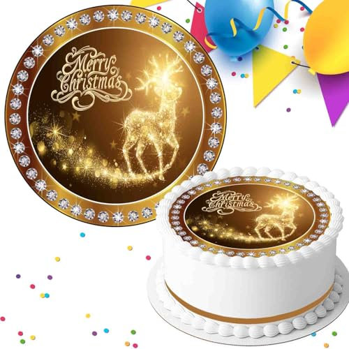 MERRY CHRISTMAS RUDOLPH GOLD PRE-CUT 7.5 INCH EDIBLE ICING CAKE TOPPER DECORATION