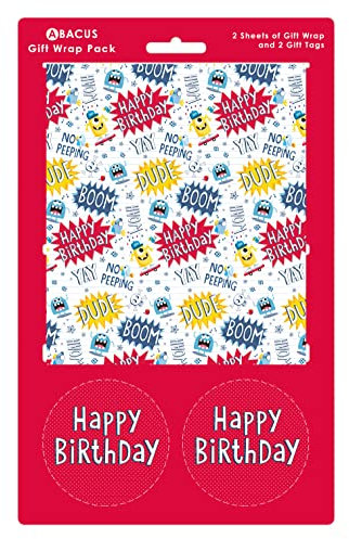 Abacus Cards 08772A Geschenkpapier-Set mit 2 Bögen und 2 Etiketten, plastikfrei und vollständig recycelbar