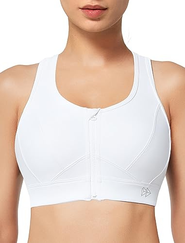 Yvette Damen Starker Halt Sport BH Vorderverschluss Ohne Bügel Große Größe Ringerrücken für Fitness Yoga Joggen, Weiß, 95C
