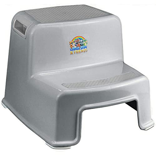 Lama Sam & Friends - Zweistufiger Tritthocker für Kinder ab ca. 18 Monaten Anti-Rutsch-Funktion Grau - Trittschemel Kinderschemel Kindhocker Badtritt 2 Stufen Kinderhocker Kleinkinder Toilettenhocker