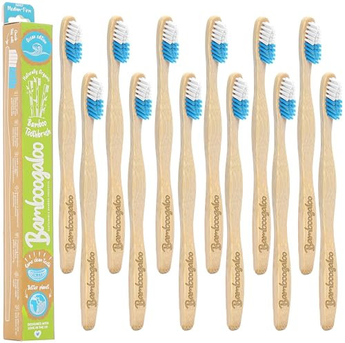 BAMBOOGALOO Pack of 12 Organic Adult BambooToothbrushes - Premium UK Brand, Wooden Toothbrush with Sustainable Plastic-Free Packaging, Beautifully Crafted Ocean Edition
