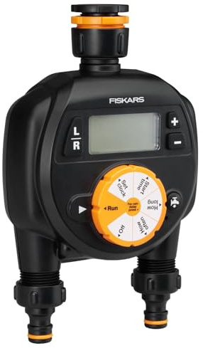 Fiskars Programmateur à 2 Sorties, Pour toutes les Tailles de Robinets courantes, Écran LCD facile à lire, Taille universelle, 580 g, Noir/Orange, 1054792