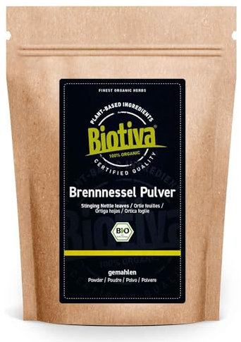 Biotiva Polvo de hoja de ortiga Bio 500g - hojas molidas - 100% hierbas de ortiga orgánicas - Embotellado y controlado en Alemania (DE-ÖKO-005)