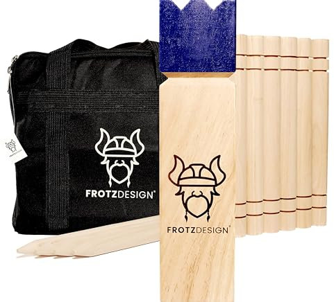 FrotzDesign® Kubb - Das Königsblaue Premium Wikingerspiel mit der Original Blauen Krone Hochwertig, Robust - Original Outdoor Gesellschaftsspiel aus Holz Outdoor Spiele für Erwachsene - Schwedenschach