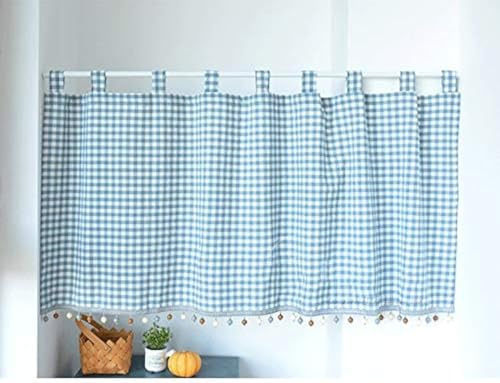 Elegant Schlaufenschal karo Gardine Karierte Küchengardine Bistrogardine | Halbtransparente Bistrogardine mit Kugeln-Kante Landhausstil mit Raffhalter (HxB 40x140cm, blau) 1 Stück
