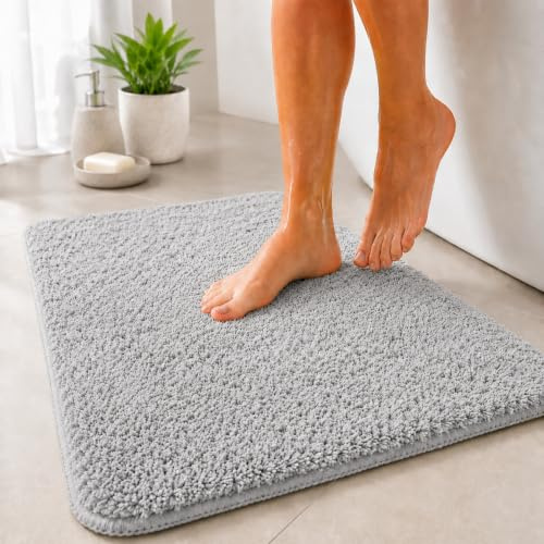 Floordirekt Badematte Sky - Badezimmerteppich - Weicher, dichter Hochflor - Rutschhemmend & Schnell trocknend - Geeignet für Fußbodenheizung - Eckig & Rund (50 x 60 cm, Silbergrau)
