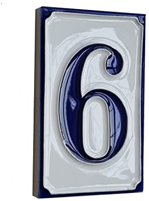 Piastrelle per numeri civici in ceramica italiana, dipinte a mano, semplici, bianche e blu, con lettere e numeri, 11 x 7 cm (numero 6)