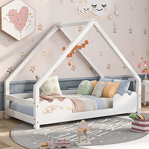 TOPCHANCES Hausbett Kinderbett 80x160cm mit Rausfallschutz，Spielbett，Jugendbett Massivholz in (White)