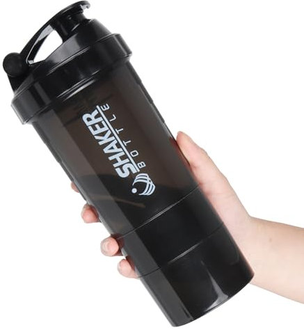 XSUPER Protein Shaker with 3-Compartment Storage - 16oz Twist-Off Cup for Supplements & Pills, Leak Proof Gym Sports Shaker Bottle, Black